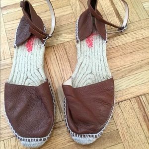 Tan leather flat espradilles with ankle straps